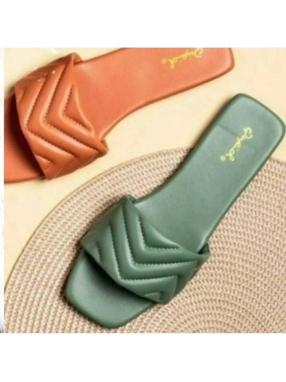 Sage green slip on sandals slides single band square toe